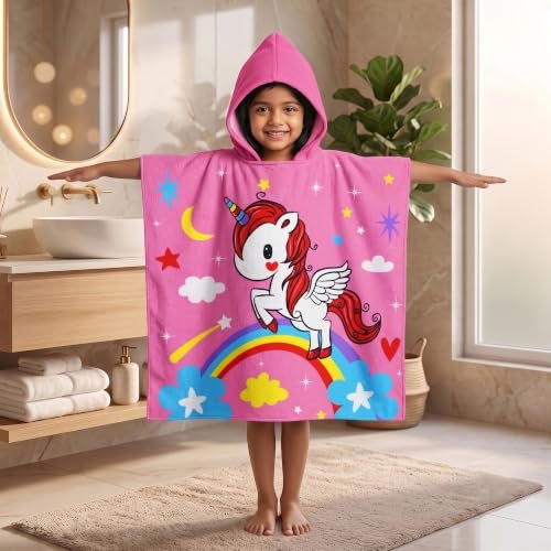 MollisHomes Kids Poncho Towel 120×60 CM, Unicorn Rainbow, Pink & Multicolor