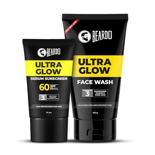 Beardo Glow Mode on Kit | Ultra Glow Serum Sunscreen & Facewash | Hydrated and Refreshing | Brightening and Glowing Skin |Deep Cleansing & Nourishment | Suitable for All Skin Types – Set of 2