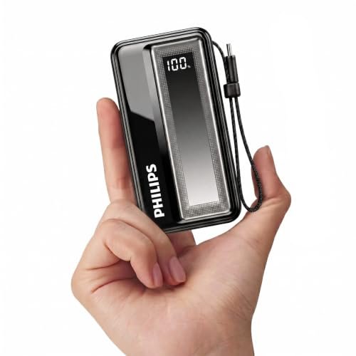 Philips 10000mAh 30W Max Fast Charging Power Bank (Dark Slate) with Built-in Cable | Type-C Input/Output | 3 Output Ports | Lithium Polymer | Portable for Mobile, Tablet & Earbuds