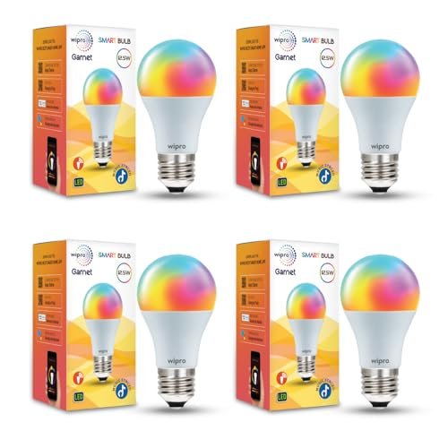 wipro 12.5W E27 Wi-Fi Smart LED Bulb with Music Sync | Voice Control with Alexa, Google Asst | App Control |16 M Colours, White Tunable – Warm, Neutral & Cool White +Dimmable | Scenes | Pack of 4