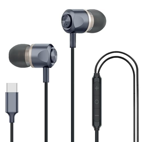 Kratos Tune V7 C Type Earphones Wired, Deep Bass Drivers Earphone, Inline Control Type c Headphones with Mic, Comfort Fit Type c Earphone with Volume Control,Metallic C pin Earphones (Grey)
