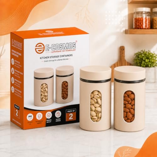 E-COSMOS® 1000 ml Plastic Kitchen Storage Container Pack of 4 – Airtight Oval Container with Clear Window for Snacks, Tea, Coffee & Dry Fruits (Multicolor) (Pack Of 4, 1000, Milliliters)