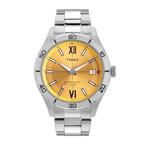 TIMEX Analog Watch for Men with Yellow Dial & Silver Stainless Steel Bracelet Band – Water Resistant Men’s Wrist Watches -TWEG295SMU03