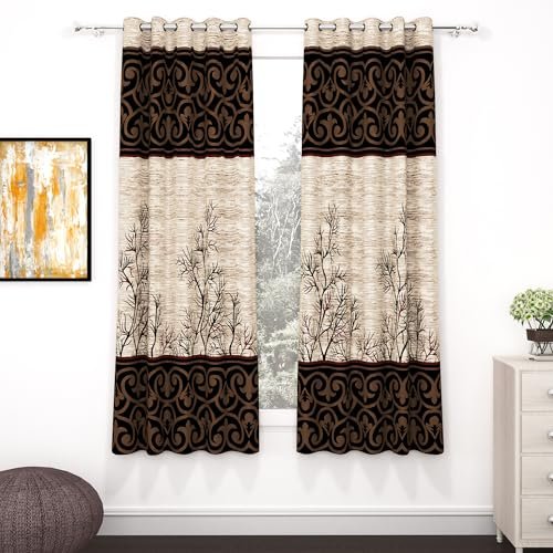 MollisHomes Window Curtains 5 Feet Long Set of 2 | Light Filtering Curtains for Window | Abstract Design, Polyester Curtain and Drapes for Living Room | (118 x 152 cm, Cream & Brown)