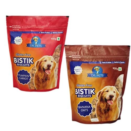 Dr.Pets Bistik Dog Food Treat – Dog Biscuits for Adult Dog & Puppy, Gluten Free Healthy Treats with Fresh & Natural Ingredients, Banana Oats & Pumkin Carrot Flavor 900g Each (Combo Pack)