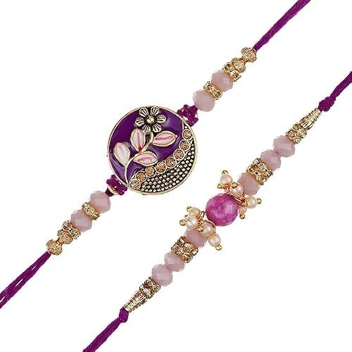 eCraftIndia Set of 2 Purple Floral & Pearl Designer Rakhis with Roli Chawal Pack and Best Bro Ever Fridge Magnet – Rakhi for Brother, Bhaiya, Bhai