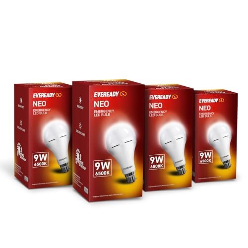 Eveready 9W Emergency Inverter LED Bulb, Cool Day Light (6500K), Rechargeable Bulb with 3 Hours Backup, Ideal for Powercuts, Energy Efficient, B22 Base, Pack of 4