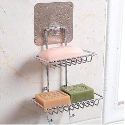 Sulfar Wall Mounted Self Adhesive Stainless Steel Double Layer soap Dish Holder Kitchen Bathroom Soaps Storage Rack for Home (Silver)