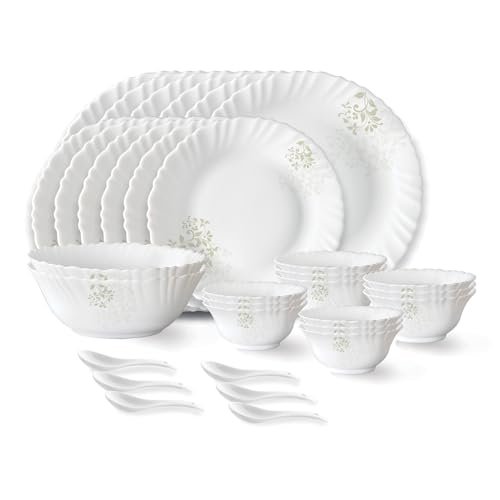 Larah by Borosil Ingot Fluted Series Opalware Dinner Set | 33 Pieces for Family of 6 | Microwave & Dishwasher Safe | Bone-Ash Free | Crockery Set for Dining & Gifting | Plates & Bowls | White
