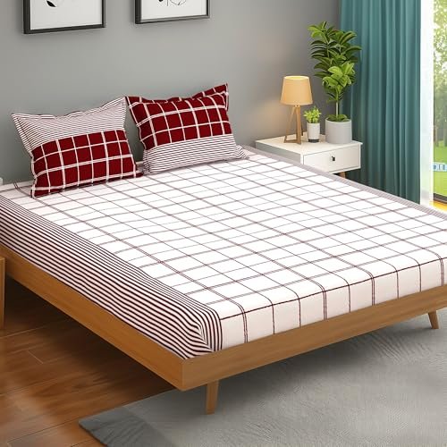 MollisHomes bedsheet for Double Bed, 152TC, 100% Cotton | Double Size Bedsheet with 2 Pillow Covers, Maroon & White, Stripes (Bedsheet : 225 X 250cm & Pillow : 46 X 69cm) Perfect for Festive Gifting