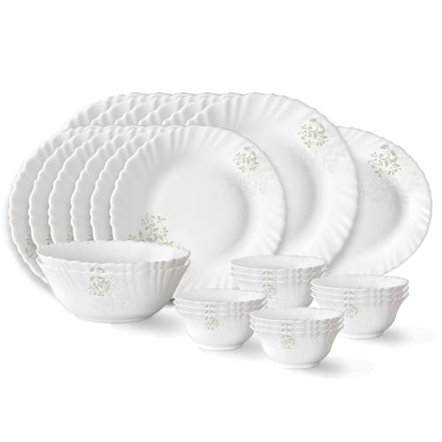 Larah by Borosil Ingot Fluted Series Opalware Dinner Set | 27 Pieces for Family of 6 | Microwave & Dishwasher Safe | Bone-Ash Free | Crockery Set for Dining & Gifting | Plates & Bowls | White