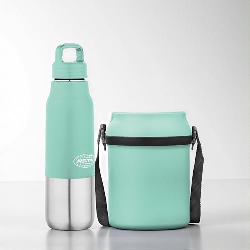 Asian Stainless Steel Lunch Box (700ml) & Insulated Water Bottle (500ml) Combo Gift Set | Leakproof Steel Tiffin & Flask for Kids | BPA Free Back to School Essential Kit (Green)