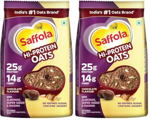 Saffola 25g High Protein Oats | 14g High Fibre | 1kg | Chocolate flavour | No Refined Sugar | With Almonds, Raisin, Pumpkin and Chia Seeds | Rolled Oats for Weight management & Muscle gain (Pack of 2)