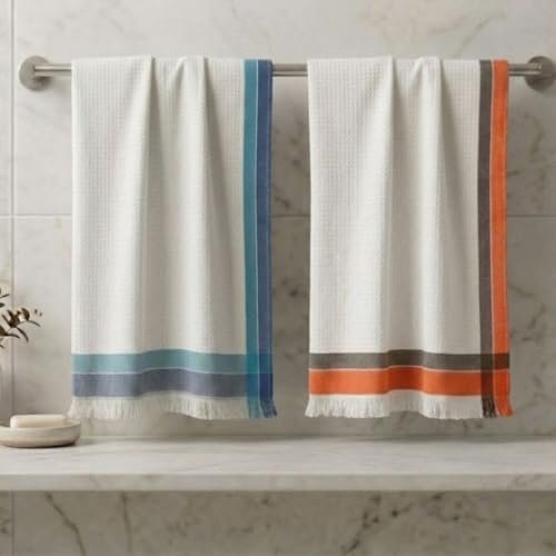 Athom Living Light Weight Cotton Premium Waffle Border Bath Towel 75×150 cm Pack of 2
