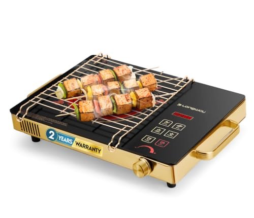 Longway Infralite Pro 2200W Infrared Induction Cooktop with Steel Grill Rack, Crystal Glass Top, Touch Panel & Digital Display, 4 Preset Modes – Stir Fry, BBQ, Hot Pot & Steam, Golden