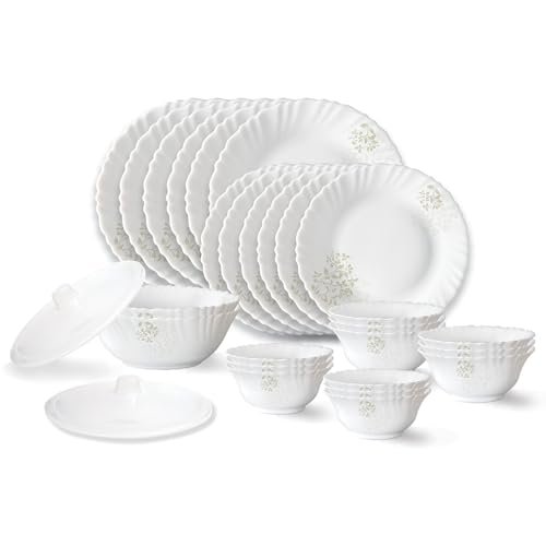 Larah by Borosil Ingot Fluted Series Opalware Dinner Set | 28 Pieces for Family of 6 | Microwave & Dishwasher Safe | Bone-Ash Free | Crockery Set for Dining & Gifting | Plates & Bowls | White
