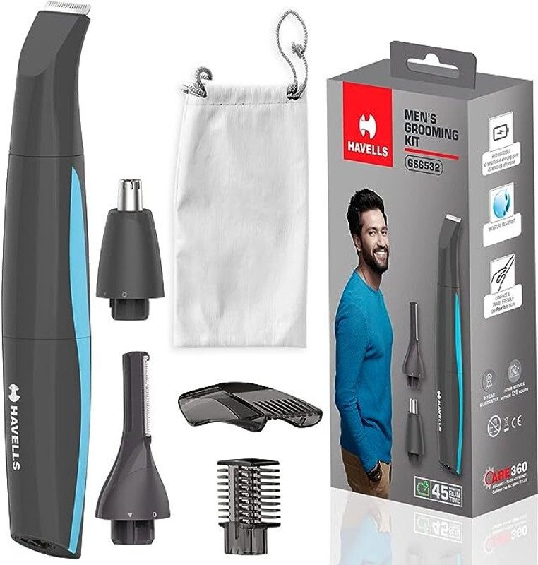 HAVELLS GS6532 5-in-1 Men’s Grooming Kit with Protective Combs, Rechargeable Grooming Kit 45 min  Runtime 4 Length Settings(Grey)