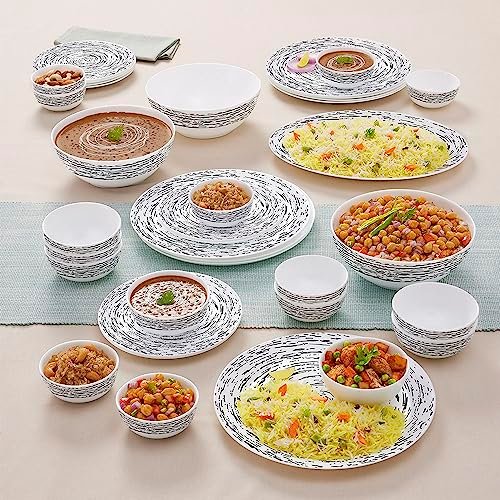 Larah By Borosil Moon Milky Way Dinner Set – 36 Pcs, Opal Glass Dinner Plates & Bowls Crockery Set for Dinning, White
