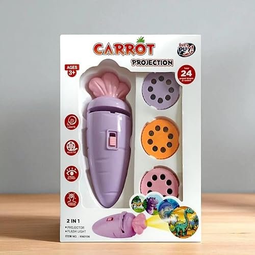 HOMOZE Carrot Projection Flashlight Toy for Kids | 2-in-1 Image Projector Torch with 24 Picture Slides | Educational Light Toy, Easy Switch Design | Fun Learning Gift for Boys & Girls Ages 3+