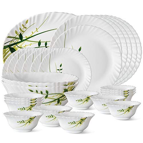 Larah by Borosil Fluted Series Green Herbs Opalware Dinner Set | 27 Piece for Family of 6 | Microwave & Dishwasher Safe | Bone-Ash Free | Crockery Set for Dining & Gifting | Plates & Bowls | White
