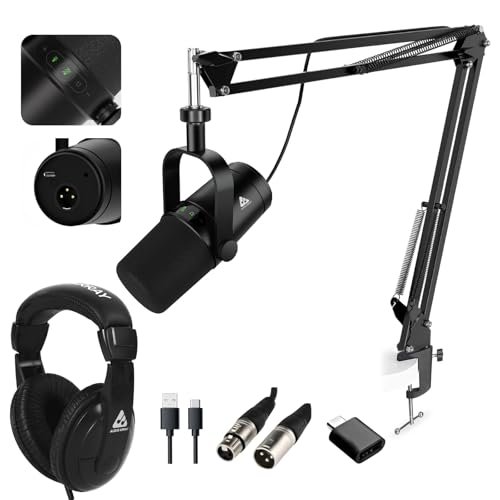 Audio Array Professional Dynamic Studio Bundle with Headphones – USB/XLR Dynamic Microphone, Boom Arm, Monitoring Headphones | 24-bit/192kHz, Plug & Play, No-Latency Recording, Monitoring – PB-11