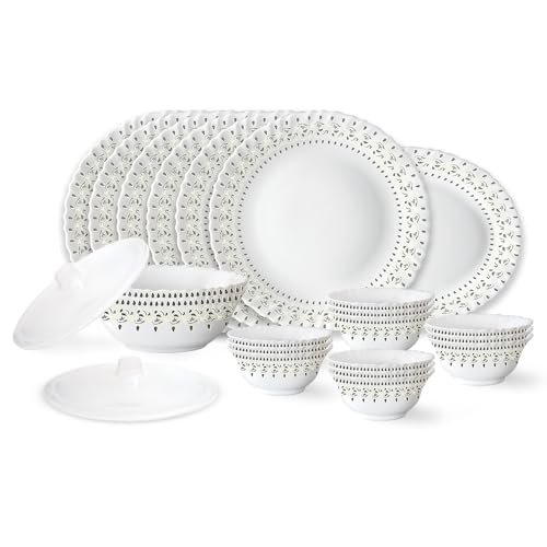 Larah by Borosil Ora Gold Fluted Series Opalware Dinner Set | 23 Pieces for Family of 6 | Microwave & Dishwasher Safe | Bone-Ash Free | Crockery Set for Dining & Gifting | Plates & Bowls | White