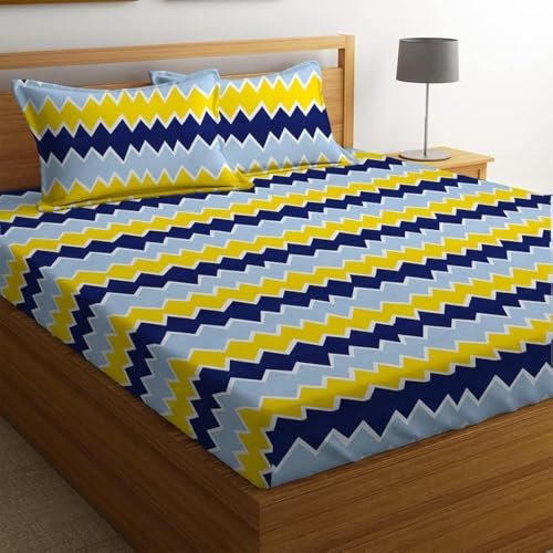 BSB HOME 100% Microfiber bedsheet for Double Bed with 2 Pillow Covers Breathable | Wrinklefree and Softtouch Zig-zag Print Sheet- Yellow & Blue