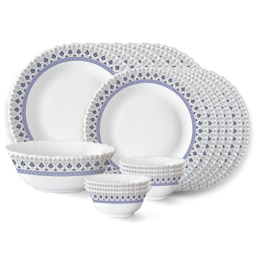 Larah by Borosil Ocean Fluted Series Opalware Dinner Set | 19 Pieces for Family of 6 | Microwave & Dishwasher Safe | Bone-Ash Free | Crockery Set for Dining & Gifting | Plates & Bowls | White