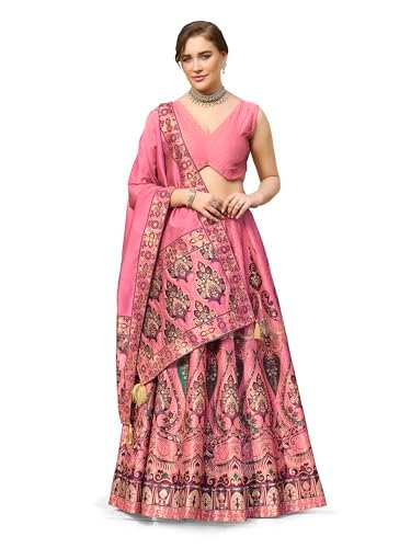 PURVAJA Women’s Jacquard Semi-Stitched Lehenga choli (Sakhi-Pink_Free Size)