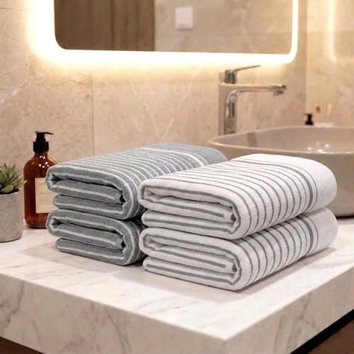 Athom Living Premium Hand Towels- Cotton, 400 GSM, Ultra Soft, Quick Dry, Highly Absorbent | for Hand, Kitchen and Gym | 60 * 40 cm, Pack of 4 (Grey and White)