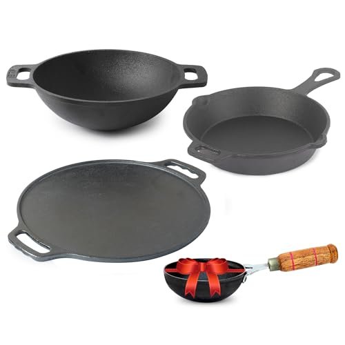 The Indus Valley Pre-Seasoned Cast Iron Cookware Set+ Free Tadka Pan|Tawa (30.5 Cm)+ Kadai (25.4 Cm/2.3L)+ Fry Pan (23 Cm/1.4L)|Kitchen Cooking Combo Pots & Pans Set of 4Pcs|Naturally Nonstick Black