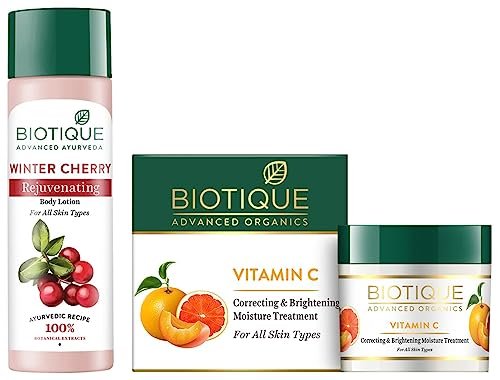 Biotique Vitamin C Correcting and Brightening Non Greasy Face Cream for All Skin Types, 50g & Biotique Winter Cherry Rejuvenating Body Lotion For All Skin Types, 190ml