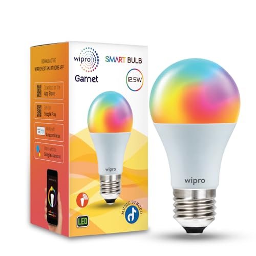 wipro 12.5W E27 Wi-Fi Smart LED Bulb with Music Sync | Voice Control with Alexa, Google Asst | App Control |16 M Colours, White Tunable – Warm, Neutral & Cool White +Dimmable | Scenes | Pack of 1