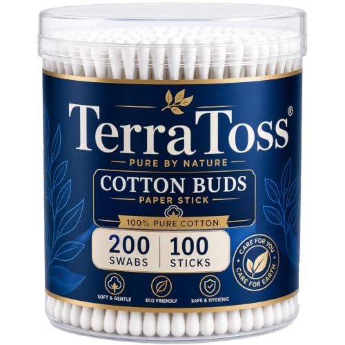 TerraToss Cotton Ear Buds [200 Swabs] | Premium Paper Stick Cotton Swabs | 100% Pure & Soft Cotton (100 Sticks)