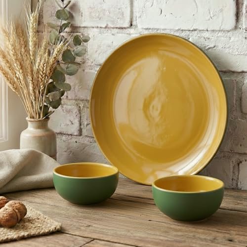 The Earth Store Handcrafted Mustard Novelle 3 Piece Ceramic Dinner Set, 1 Full Dinner Plate, 2 Vegetable Bowls, | Microwave & Dishwasher Safe | Ceramic Plate | Katori