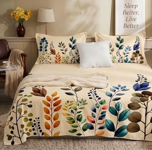 SANMARINO 300TC Cloud Cotton King Size Bedsheet with 2 Pillow Covers | Super Soft & Breathable | Luxury Floral Pixel Bloom Digital Print Bedding Set | 228×254 cm | Autumn Leaves Blue Mustard