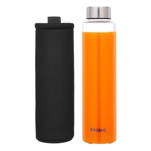 Amazon Brand – Solimo Borosilicate Glass Fridge Water Bottle | Leak Proof | Stainless Steel Jacketed Cap | Toxin-Free | Thermal Shock Resistant | Odour Neutral | Foam Cover (750 ml)