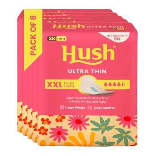 Hush Ultrathin Sanitary Pads | 320mm | Super Absorption | Large Wings | Odour Lock | Comfortable & Long-Lasting Protection | Pack of 8 | XXL | 48 Sanitary Pads