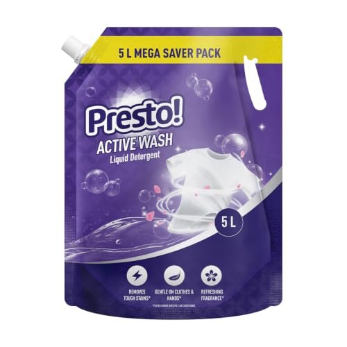 Amazon Brand – Presto! Active Wash Liquid Detergent Refill Pack 5L | Floral Scent | Powerful Stain Removal for Machine Wash