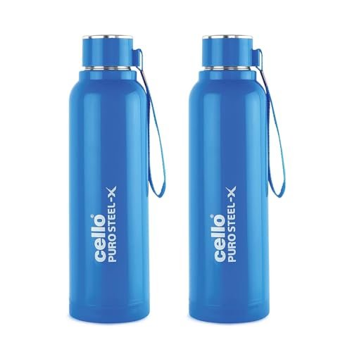 CELLO Puro Steel-X Benz 900 Insulated Water Bottle Set of 2 Pcs, 900 ml Blue | Carrying with Loop, Wide Mouth Leak Proof & Rust Resistant Inner Steel Insulated Water Bottles for School Kids & Travel