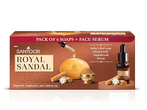 Santoor Royal Sandal Soap & Face Serum | Infused with Sandalwood Serum | Tan Removal | 100% Pure Sandalwood Oil & Powder | Helps Reduce Tan for Even-Toned, Glowing Skin | 125g x 6 Soaps + 15ml Serum