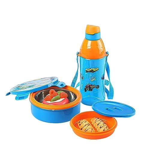 CELLO Stainless Steel Tiffy Hotwheelz Gift Set Insulated Lunch Box & Water Bottle For Kids,Tiffin Box 460 Ml,Water Bottle 400 Ml,Blue & Orange,Leak Proof,Easy To Clean,Ideal For School,Picnic