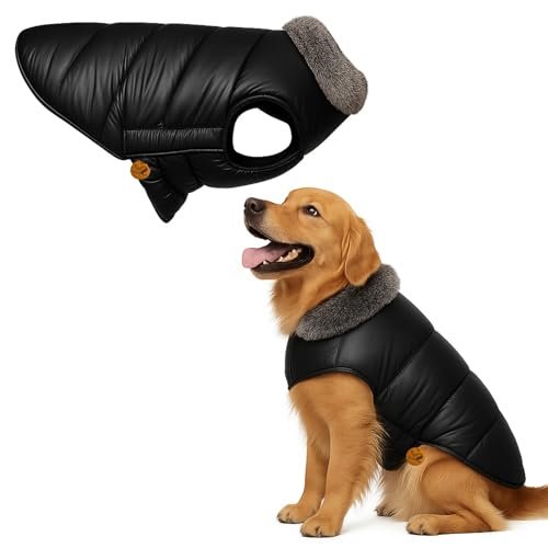 Sage Square Dog Winter Jacket Coat with Fur Collar, Light Weight, Ultra Warm Windproof, Waterproof Dog Jacket for Cold Weather, Thicker Fleece for Cold Weather (Black) (Medium – 18inch)