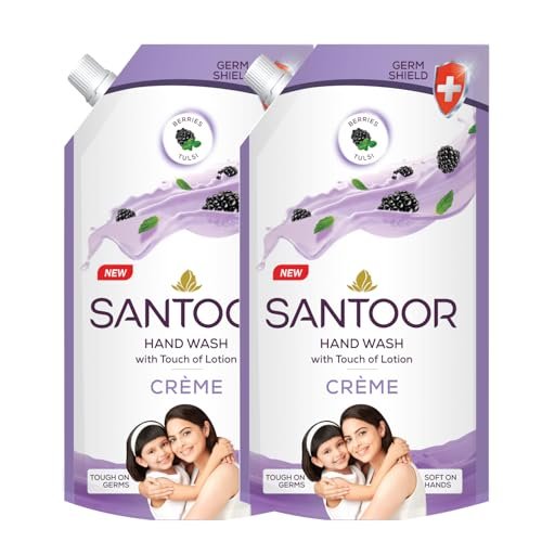 Santoor Crème Handwash 600ml, Pack of 2 with Touch of Lotion| Made with Berries & Tulsi| Rich Lathering Formula with Anti-Bacterial Properties| Soft on Hands| Soothes & Hydrates Skin