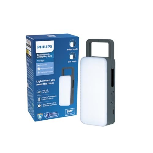 Philips Voyager 6W Rechargeable LED Emergency Light | 450 Lumens | 1500mAh Battery | Type-C Fast Charging | 2 Brightness Modes | Up to 1.5 Hours Backup | Portable & Compact (Grey) | Pack of 1