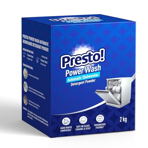 Amazon Brand – Presto! Power Wash Automatic Dishwasher Detergent powder | 2 Kg | 1 Kg X Pack of 2 | Prevents Stains, Removes Limescale | Sparkling Clean Dishes & Glassware, Tough on Stains & Residue