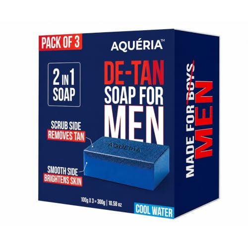 Aqueria De-Tan & Brightening 2-in-1 Bath Soap for Men | Cool Water Perfume | Scrub Side for Tan Removal & Gentle Exfoliation | Smooth Side for Skin Brightening & Hydration | Deep Cleansing Face & Body Soap For Fresh, Healthy-Looking Skin | 300g (Pack of 3) | Suitable For Daily Use – Lasts Upto 90 Washes.