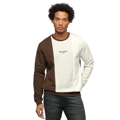 Pepe Jeans Men’s Cotton Blend Crew Neck Sweatshirt (PM582708_Ecru White_Oat Mel