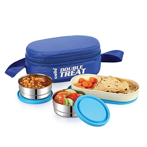 CELLO Double Treat Set of 3 Pcs Lunch Box for Office Use with Jacket Blue | 2 x 300ml Stainless Steel Containers, 1 x Oval Container |Lightweight Leakproof Airtight Tiffin Box Case For School & Travel