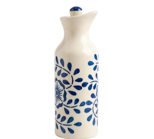 Crazy Sutra Naturra Ceramic Oil Dispenser Bottle with Lid & Handle | Decorative Kitchen Oil Pourer for Olive Oil Vinegar Soy Sauce Salad Dressing | Elegant Kitchen Storage Bottle (Blue Floral)